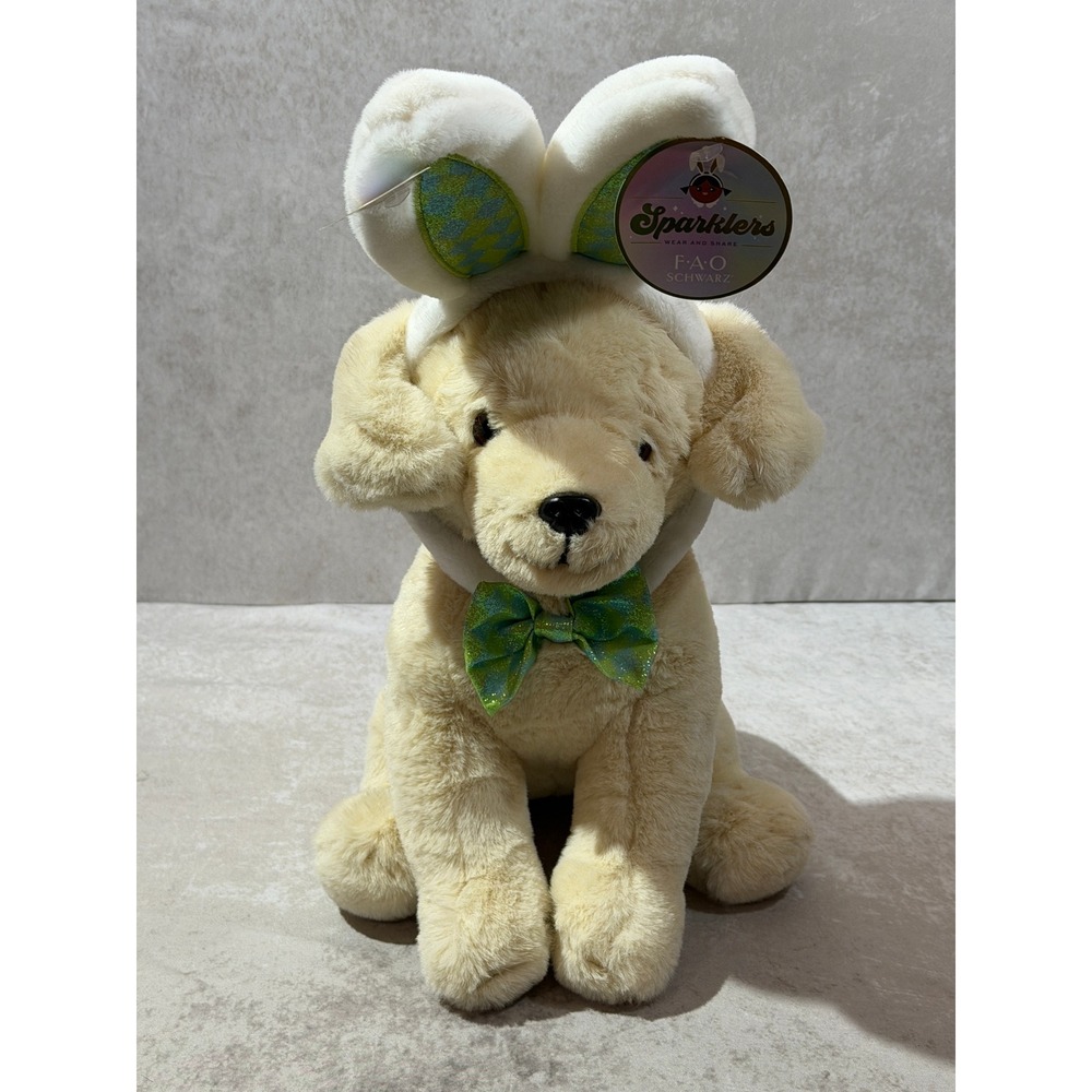 FAO Schwarz "Cheers 4 Ears" Yellow Lab Puppy Dog Plush Bunny Ears and Bowtie